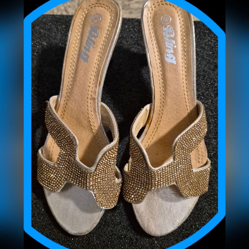 Bling Gold Metallic Open Toe  Kitten Heel Sandals w/Rhinestone H Cutout Strap
